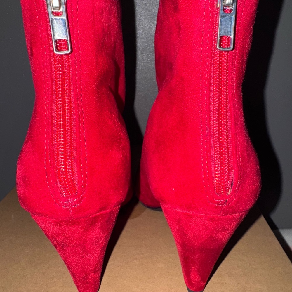 Buckle Red Heeled Boots with Pointed Toe and Silver Zippers
